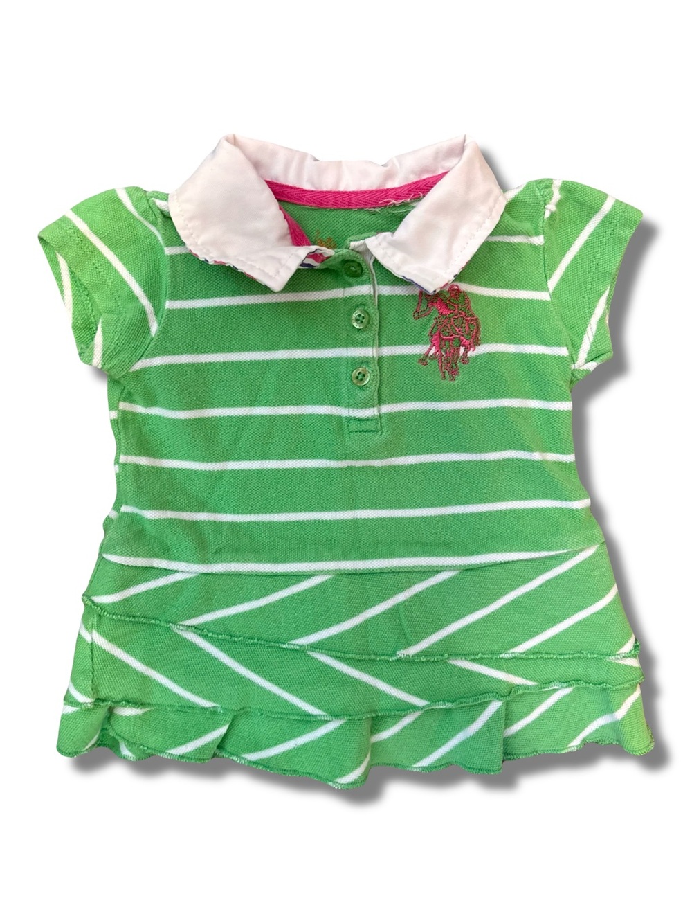 US Polo Assn Baby Girls 6-9 Months Dress Green Striped Ruffles Cotton Preppy